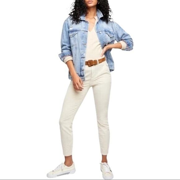 Free People Fine Line Straight Leg Corduroy Crop Jeans In Moon Rising Cream 14 - Picture 1 of 8